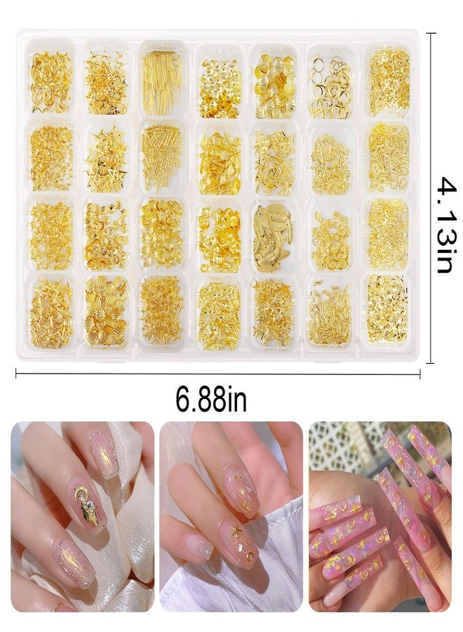 SILPECWEE 28 Grids Metal Gold Nail Art Studs, 3d Nail Charms Star and Moon, Conch, Seahorse, Seashell Ocean Manicure Design Alloy Nail Rivet Stud Jewelry Decoration Nails Supplies for Women DIY Salon - Image 2